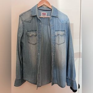 Denim shirt.